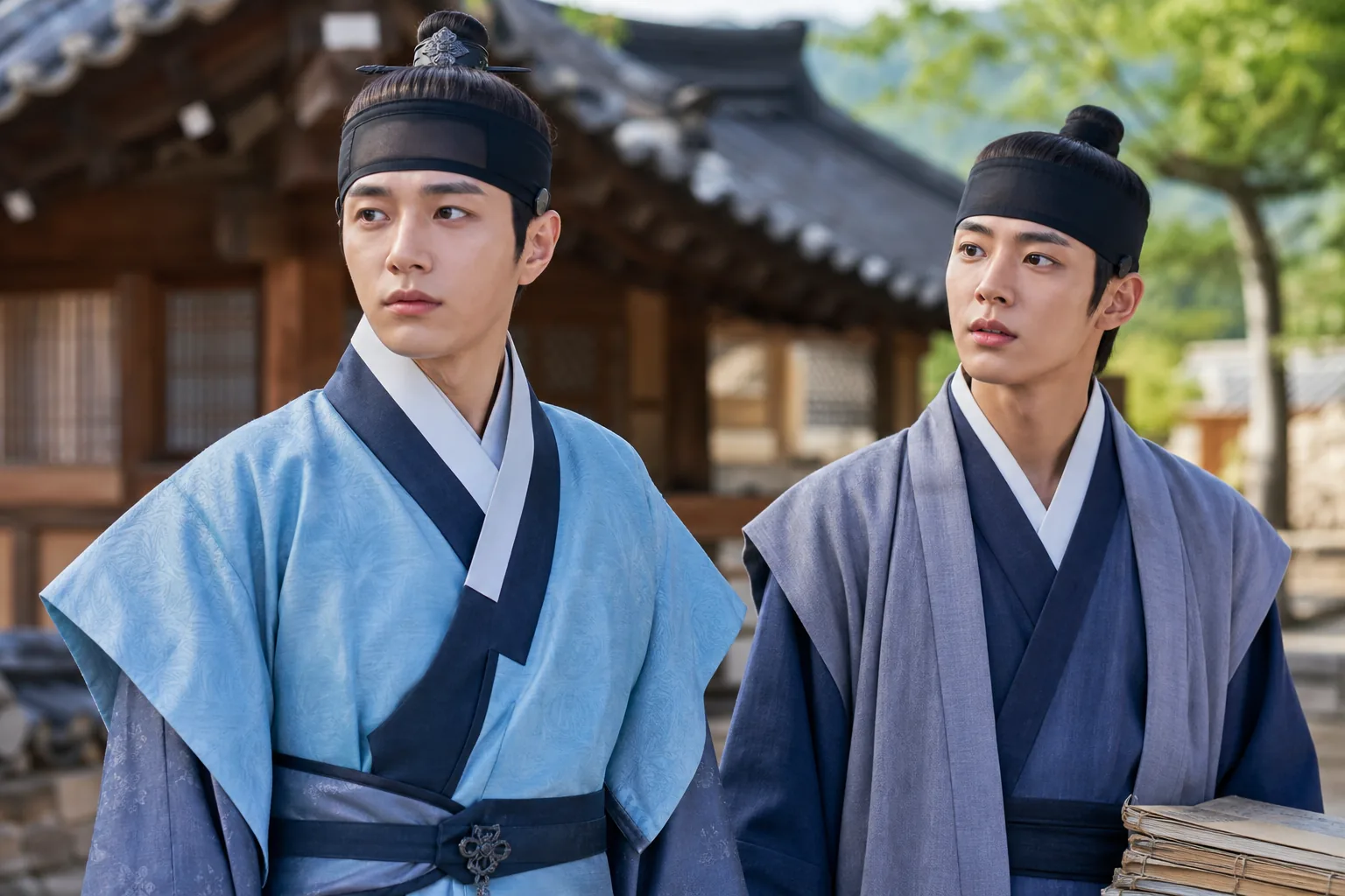 Korean historical drama actors in traditional costume preparing between scenes