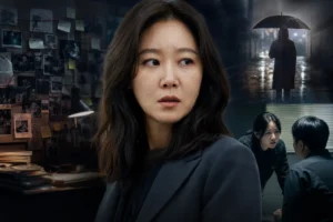 Editorial illustration of a Korean action thriller premiere with a poised female lead