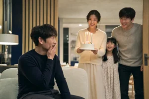 Warm apartment birthday celebration inspired by a Korean drama ensemble