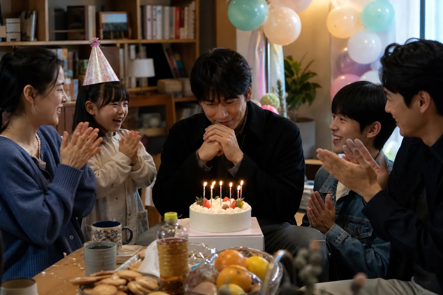 Korean drama protagonist reflecting during a quiet birthday celebration