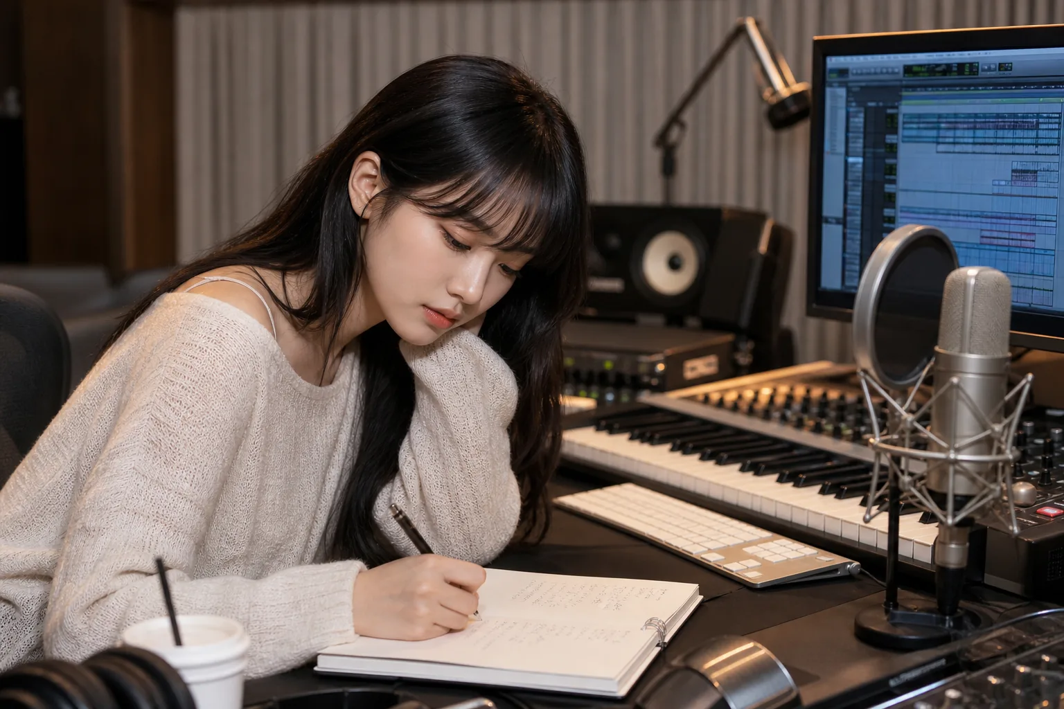 Female pop artist writing music in a modern recording studio