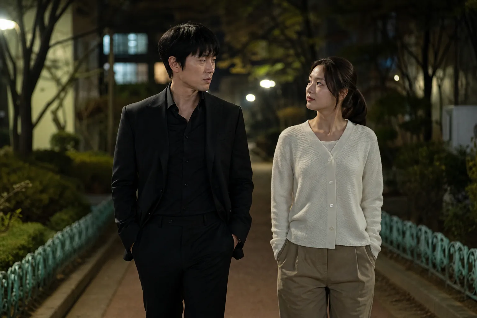 Korean drama-style scene of a woman reflecting alone at night