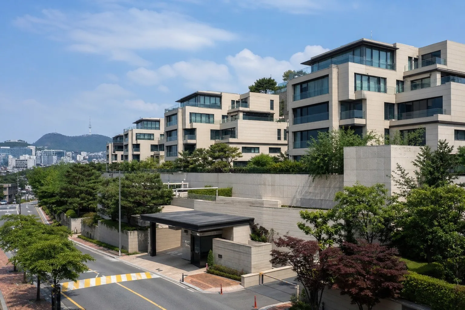 Contemporary apartment towers and tree-lined grounds in Seoul