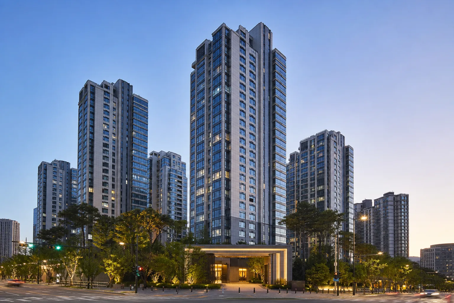 Seoul skyline with residential neighborhoods in evening light