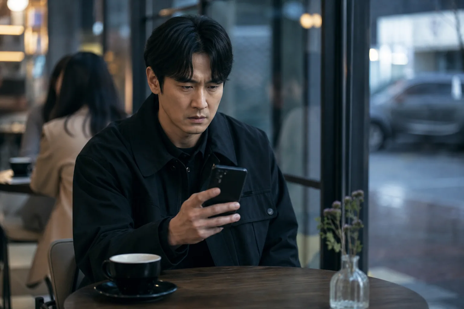 Tense Korean thriller scene in a quiet cafe