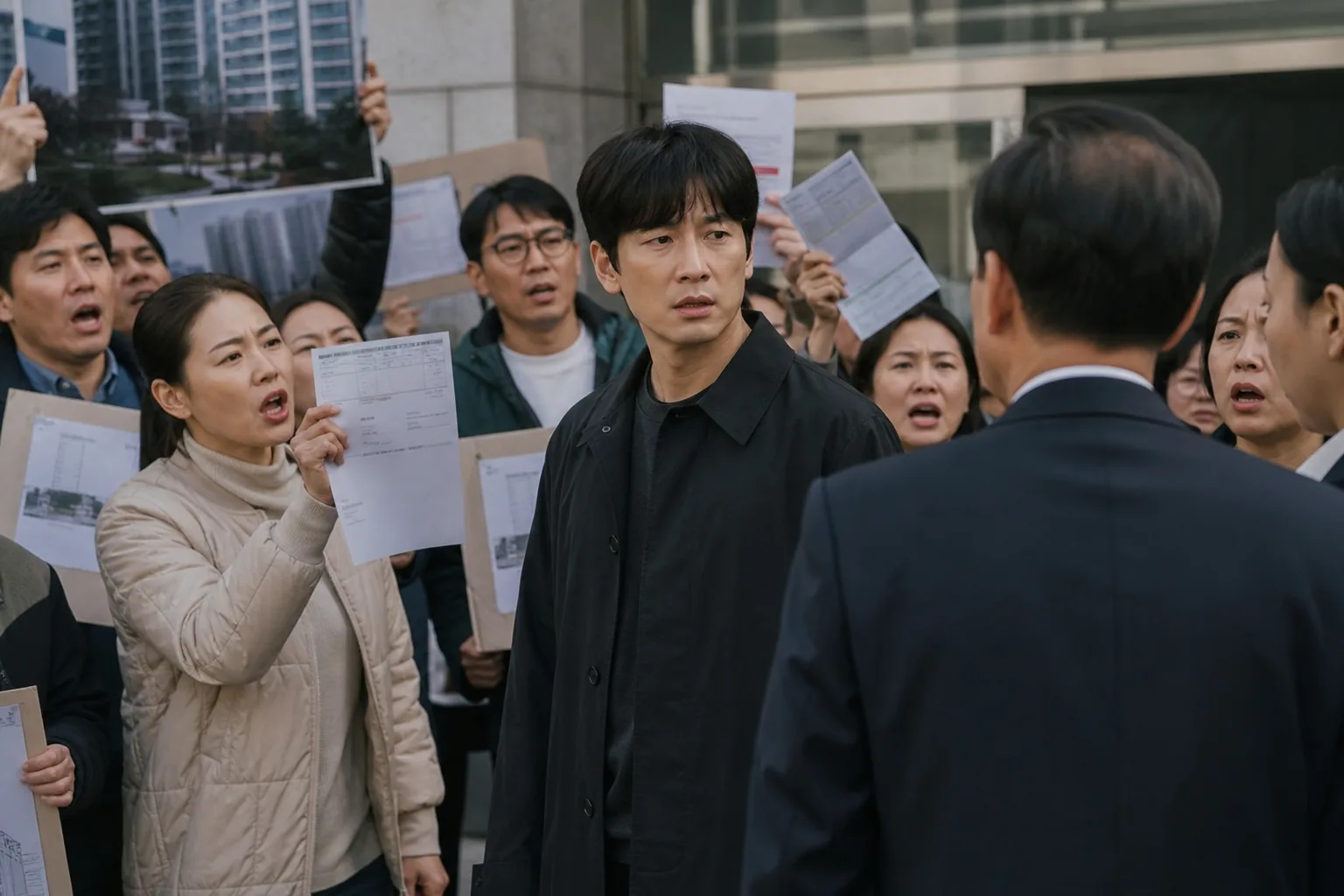 Dramatic apartment management office meeting with concerned residents