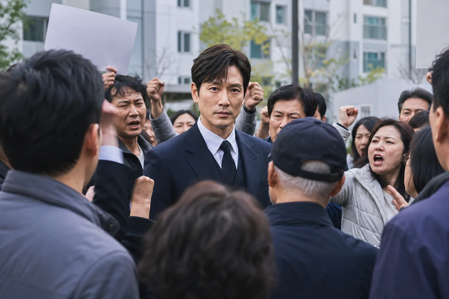 Calm community leader addressing an angry crowd in an apartment complex