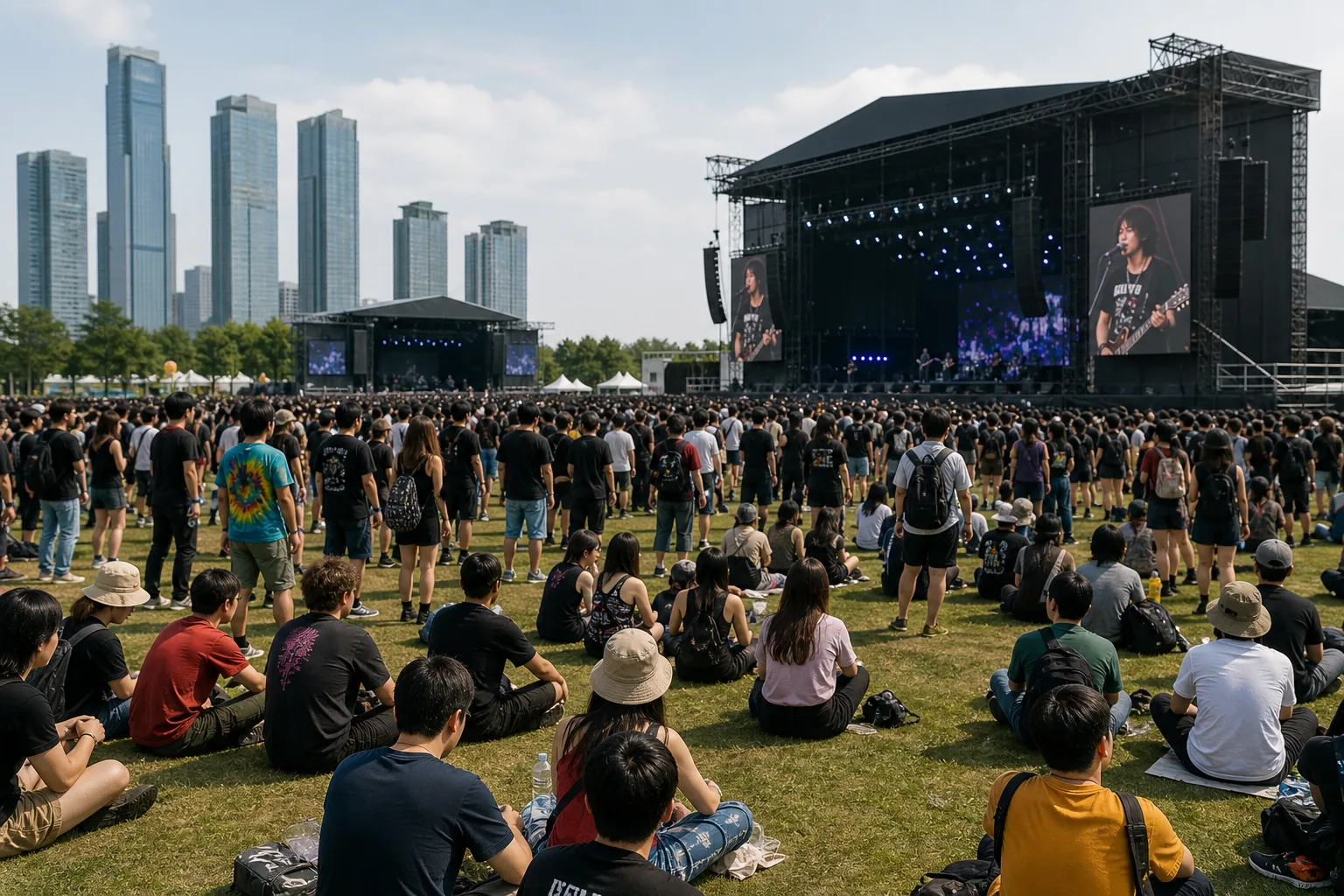 Outdoor festival stage and audience during a Korean rock music performance