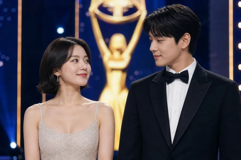 Elegant Korean drama awards ceremony with a spotlighted stage