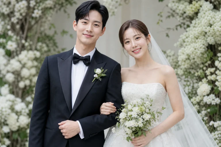 Elegant Korean wedding couple portrait in a bright modern setting