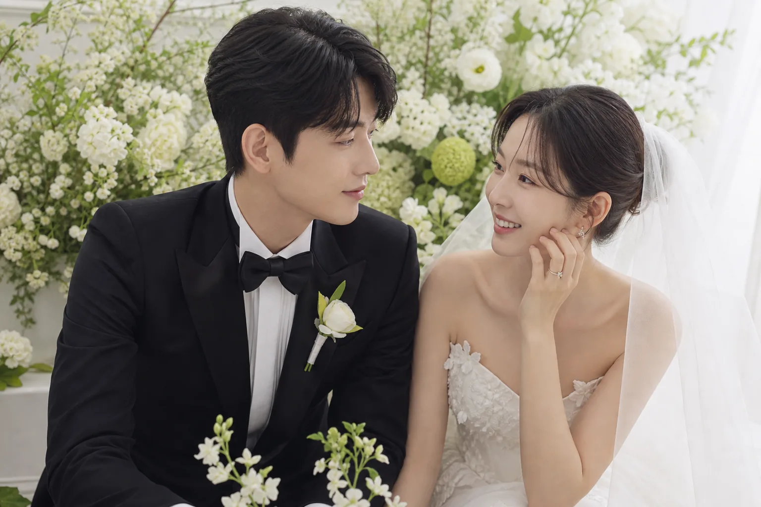 Korean bride and groom smiling during a relaxed pre-wedding photo session