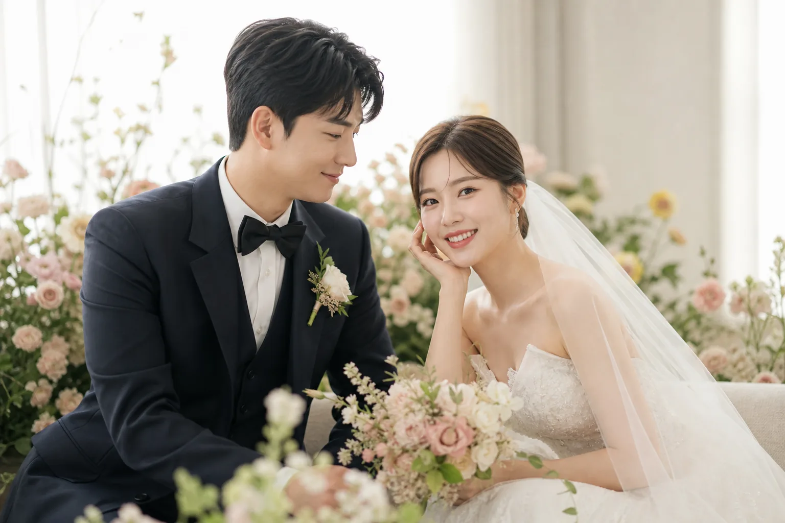 Wedding invitation and white flowers arranged for a Korean celebration