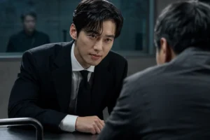 Moody Korean thriller drama interrogation scene in a modern room