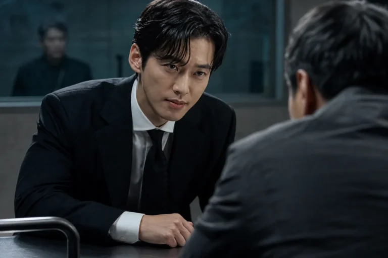 Moody Korean thriller drama interrogation scene in a modern room