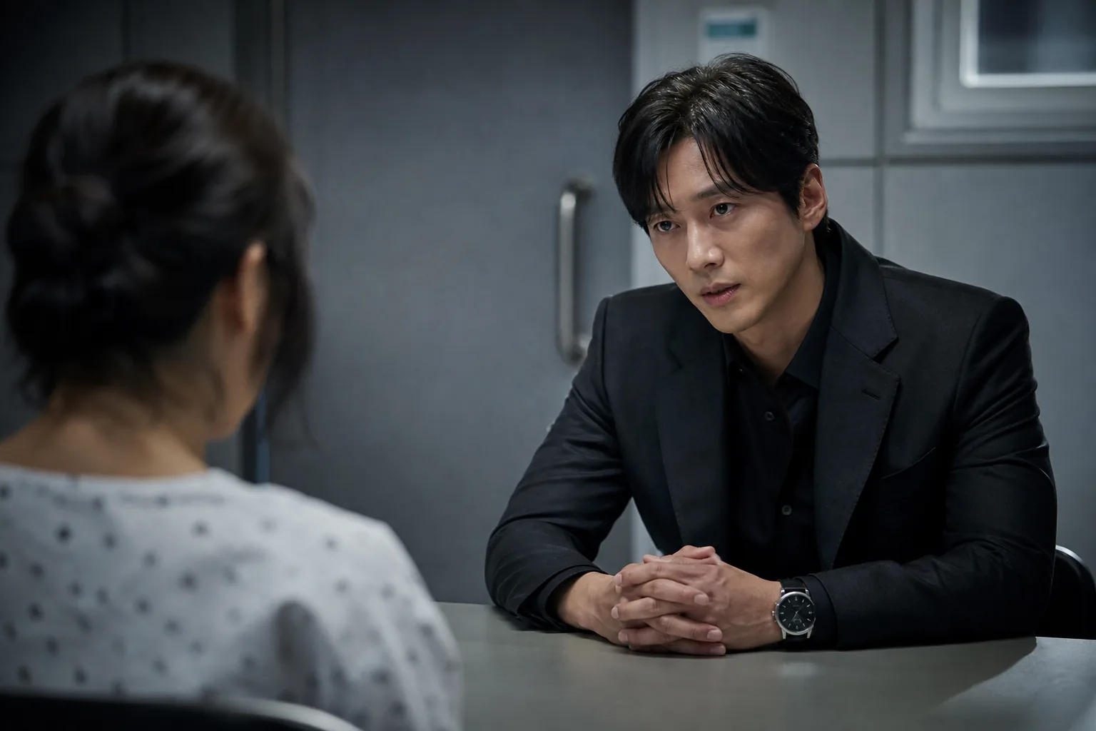 Korean thriller drama character studying clues on an investigation board