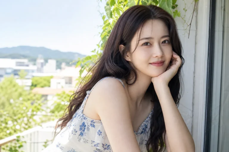 Editorial summer portrait of a Korean actress in a softly lit indoor setting