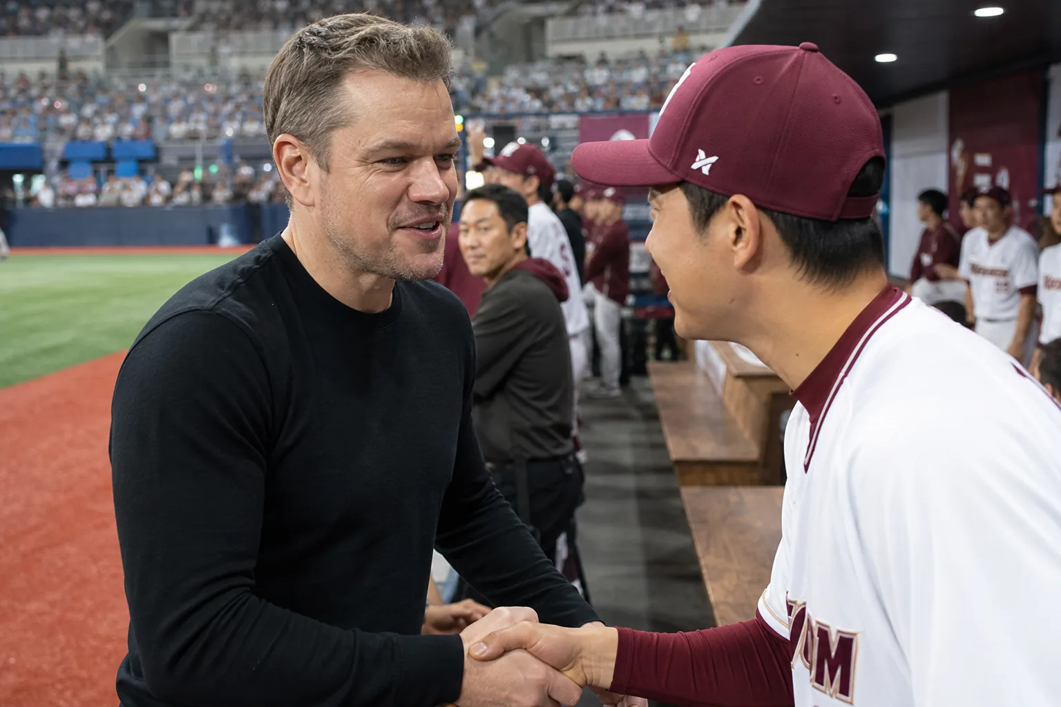 A baseball jersey displayed beside a stadium field in Seoul