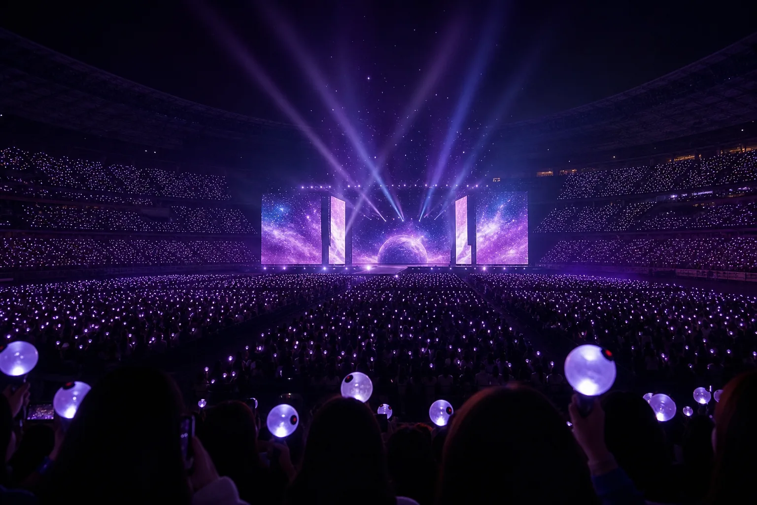 A glowing concert arena stage with purple lights representing global K-pop fandom