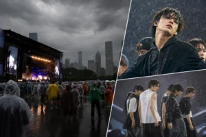 Rainy outdoor music festival stage with concert lights