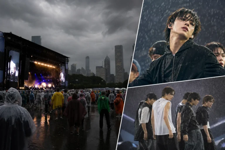 Rainy outdoor music festival stage with concert lights