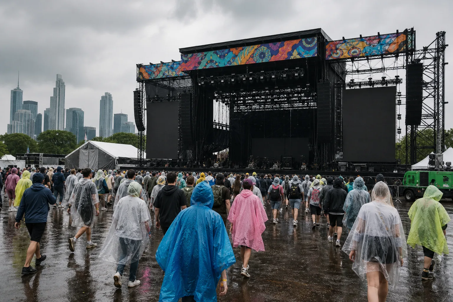 Outdoor festival audience under rain clouds near a concert stage