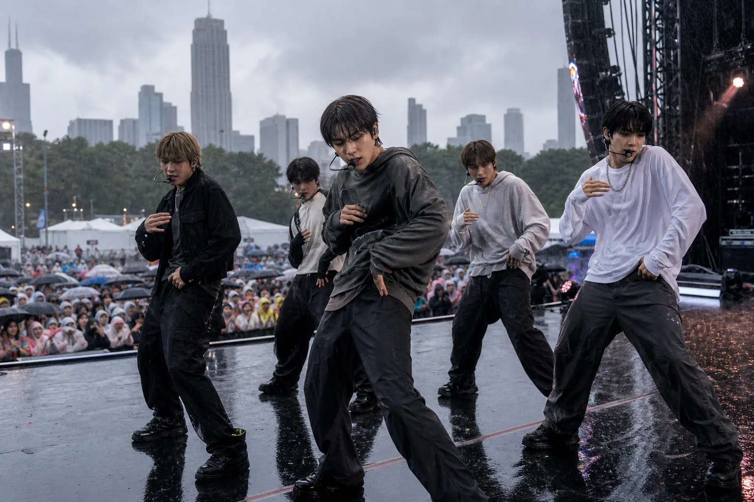 Concert performers on a modern outdoor festival stage at dusk