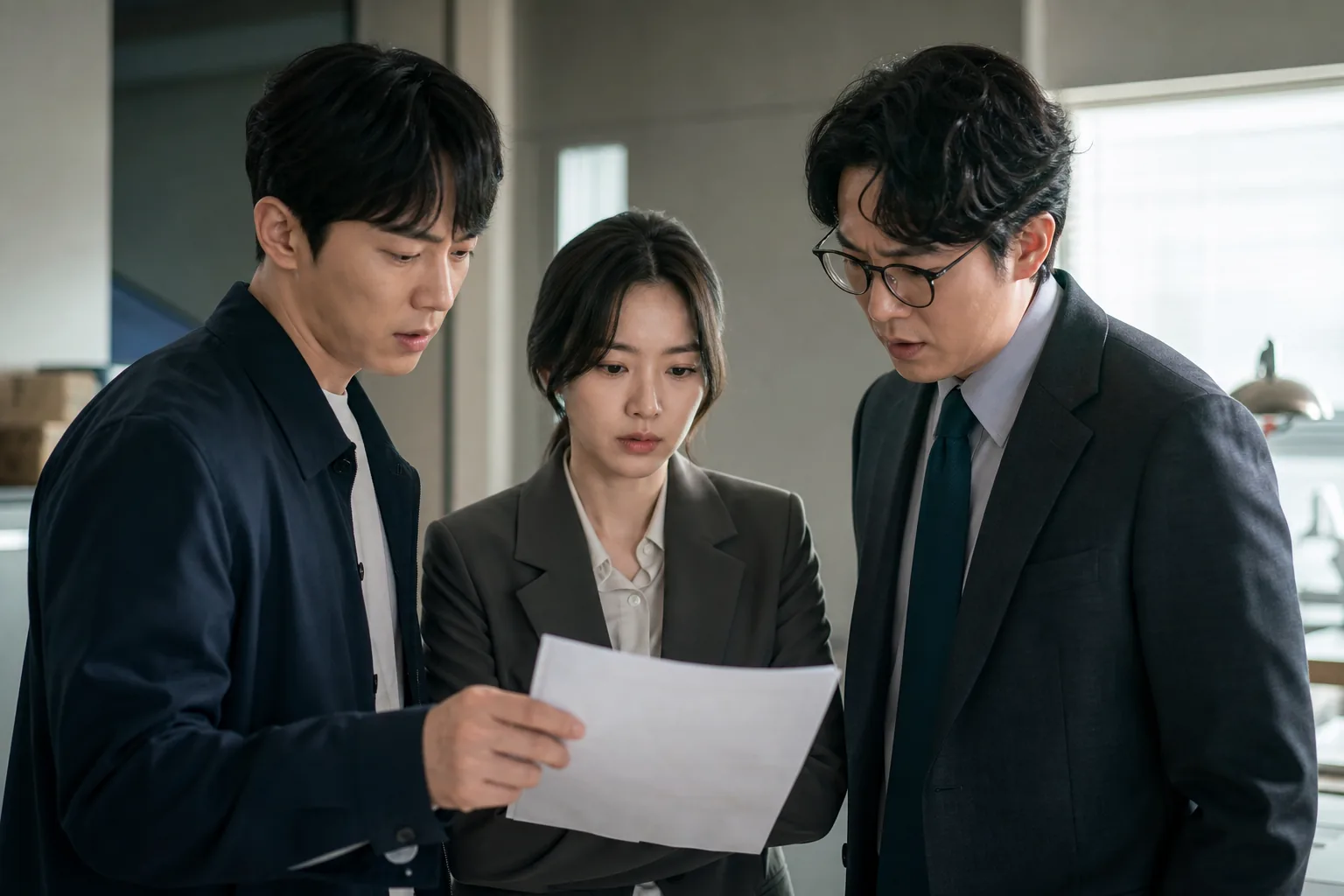 Cinematic Korean drama set with crew lights and scripted scenes
