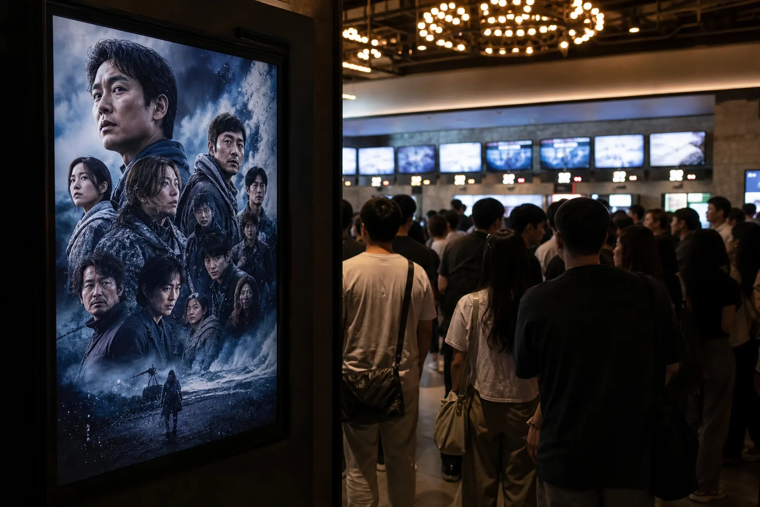 Korean cinema audience entering a modern theater for a major film release