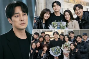K-drama cast sharing a warm farewell after a final day of filming