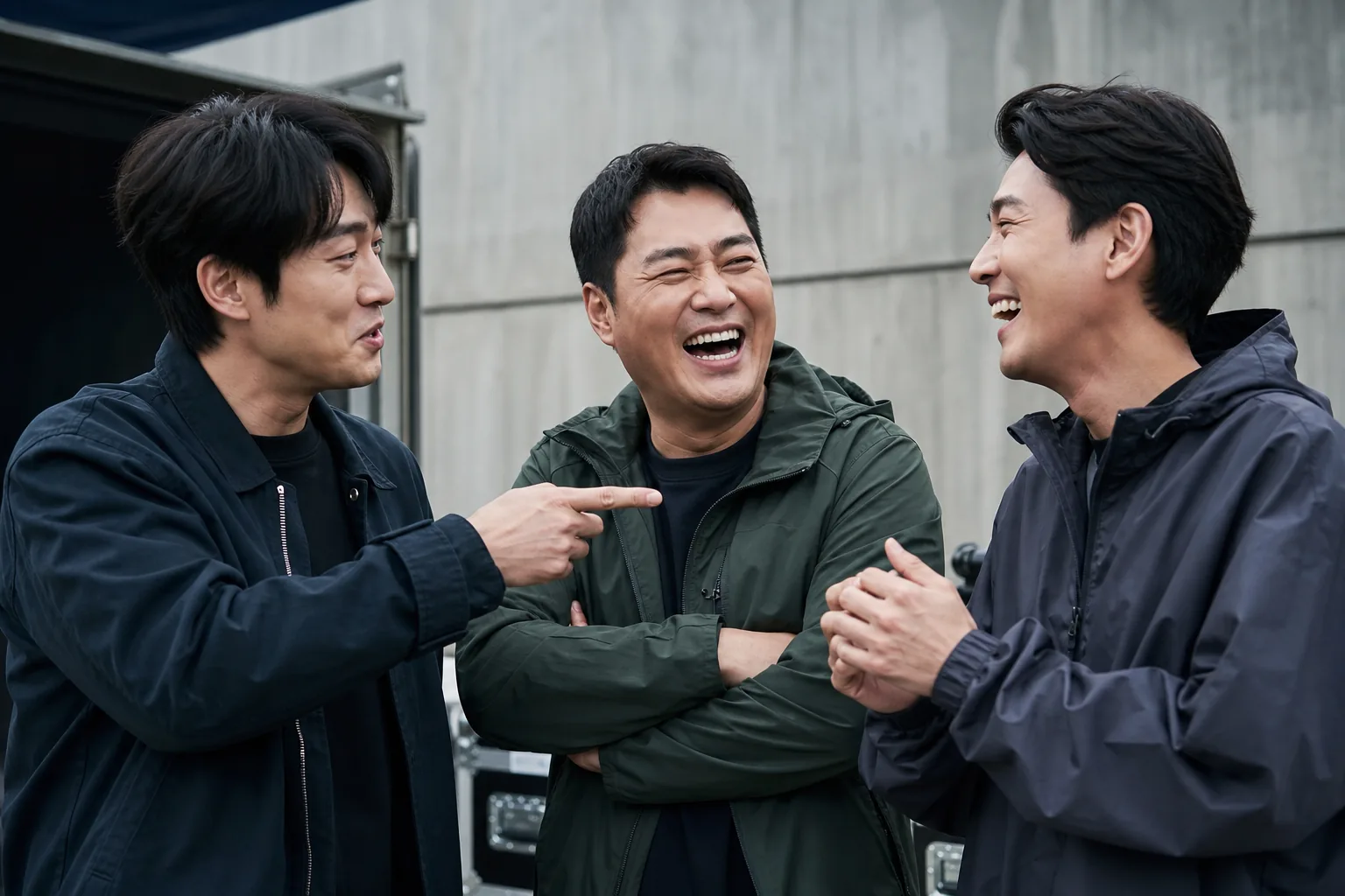 Actors and crew enjoying a relaxed moment on a Korean drama set