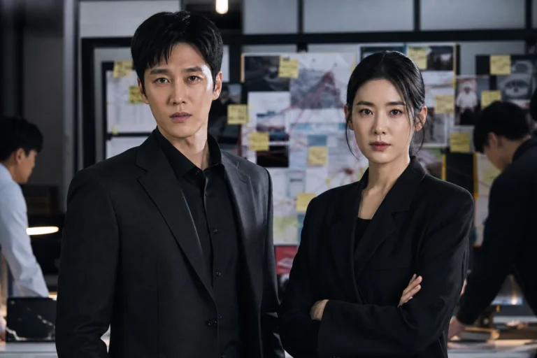 Editorial illustration of a Korean crime drama investigation