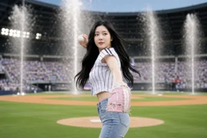 Kwon Eunbi-inspired K-pop artist at a Seoul baseball stadium ceremonial pitch