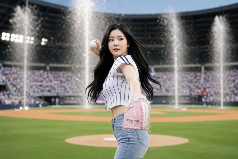 Kwon Eunbi-inspired K-pop artist at a Seoul baseball stadium ceremonial pitch