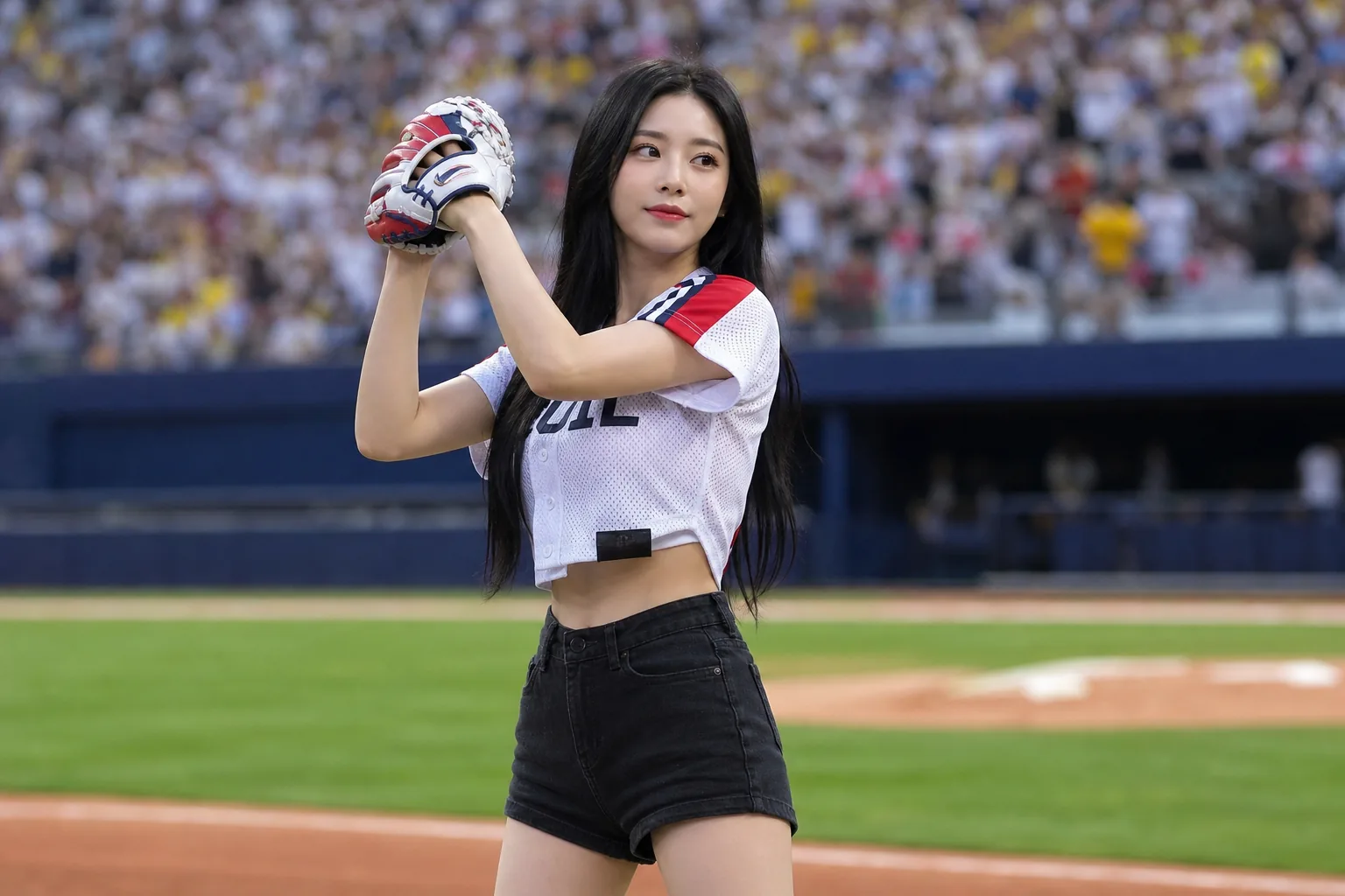K-pop performer preparing for a ceremonial baseball first pitch at a Seoul stadium
