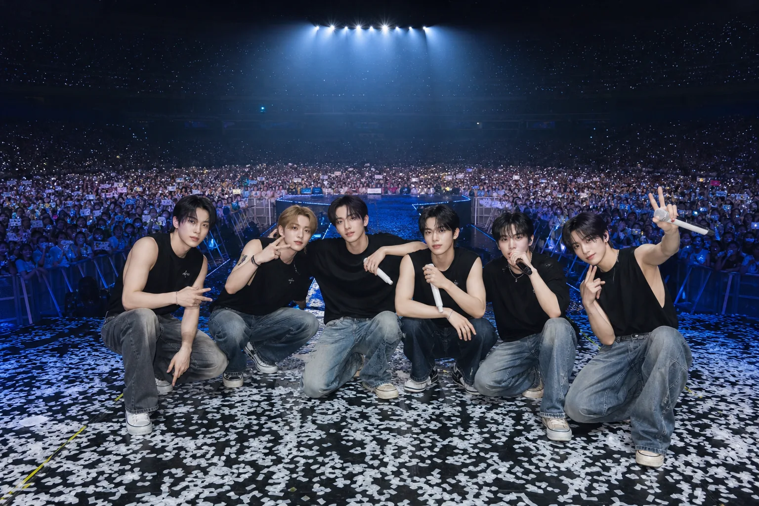 Editorial image of a concert crowd and illuminated stage marking a K-pop group announcement