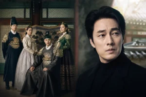 Moody Korean drama production set with palace-inspired lighting