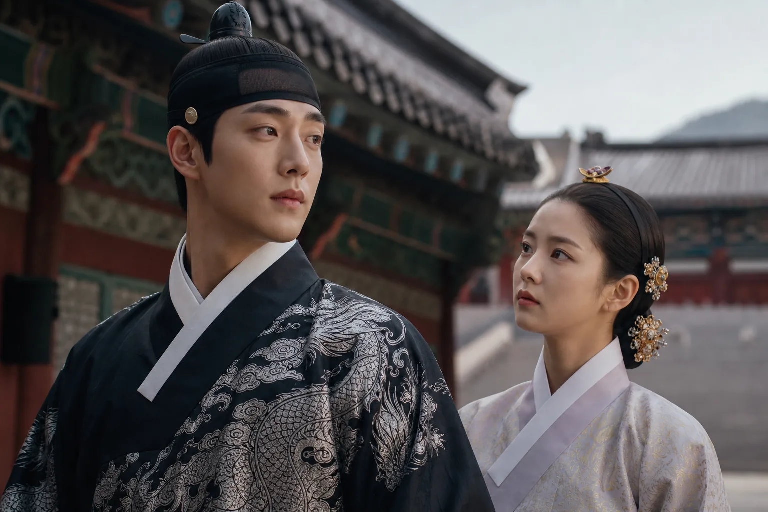 Editorial scene of actors reviewing a Korean drama script on a period drama set