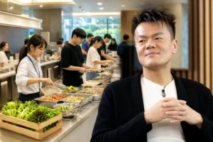 Modern Korean company cafeteria prepared for a healthy shared meal