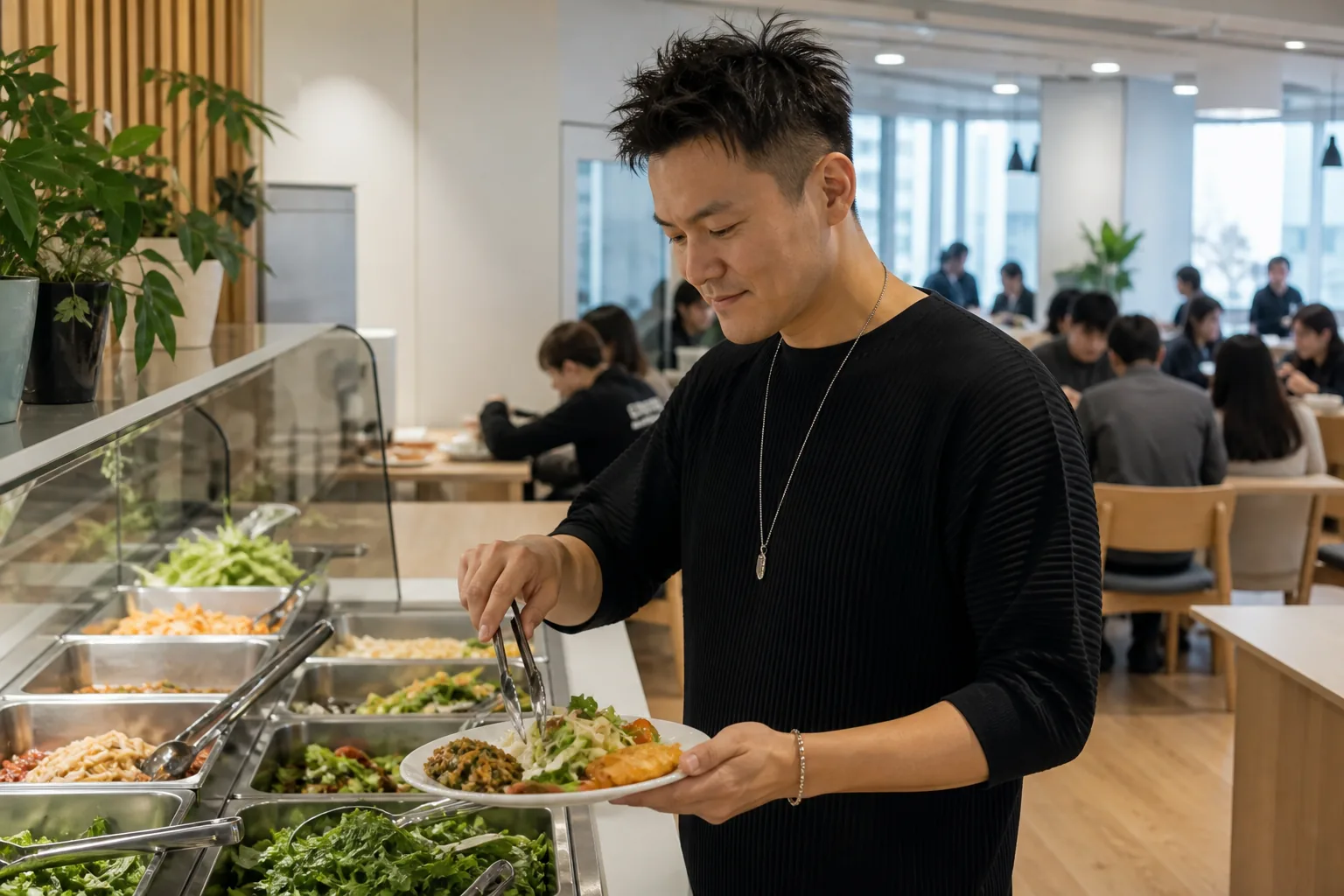Fresh Korean dishes arranged in a modern company cafeteria