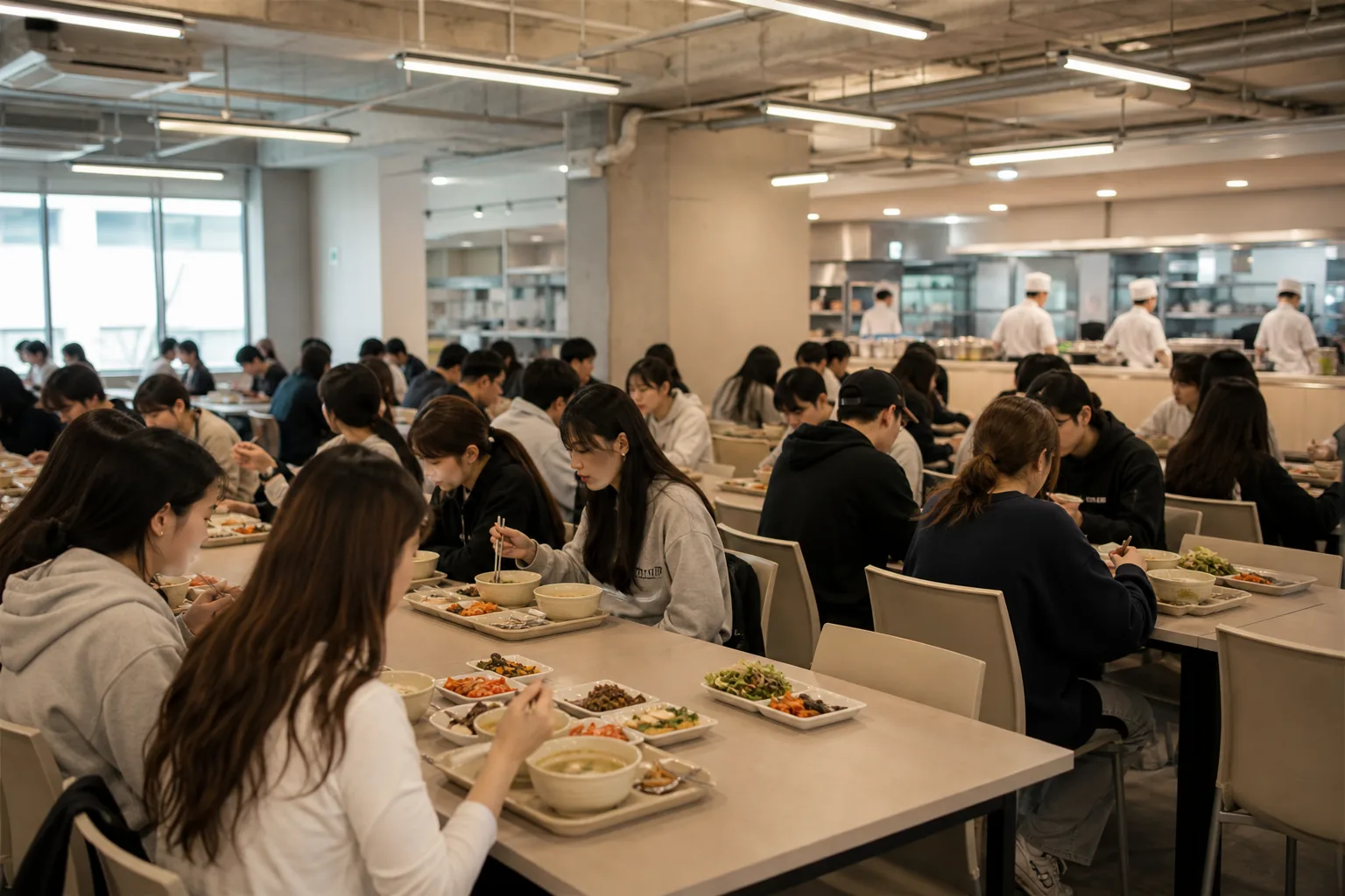 Korean music trainees sharing a healthy cafeteria meal