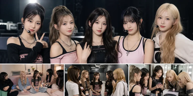 K-pop girl group in a modern television studio preparing for a variety show appearance