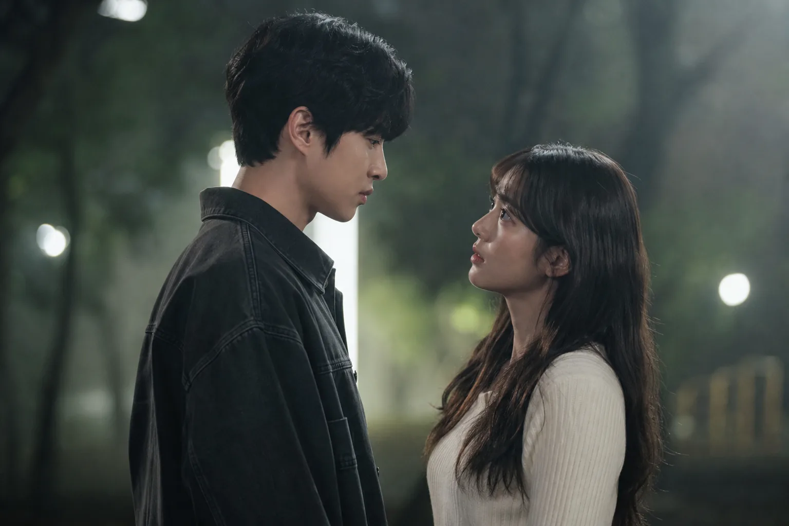 K-drama production set illuminated for an evening scene