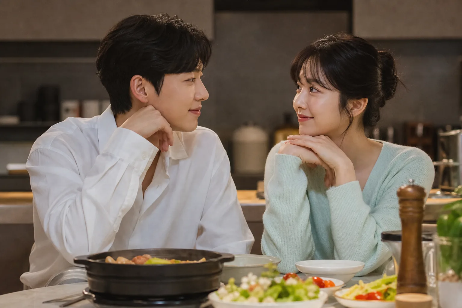 Warmly lit restaurant kitchen set prepared for a television drama scene