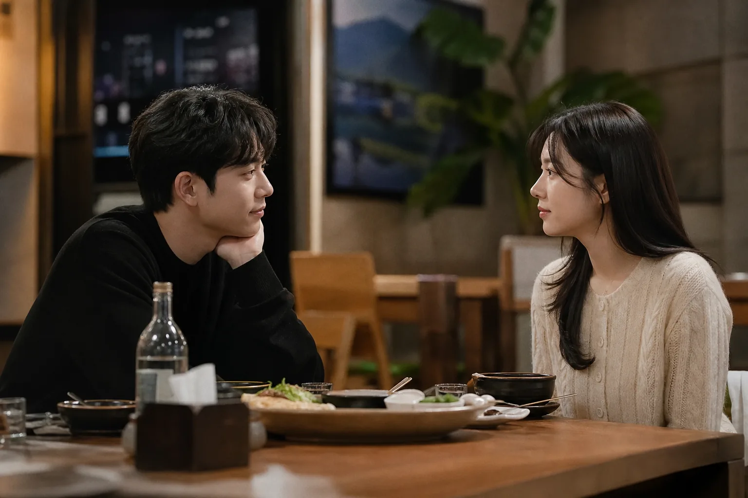 Korean drama-style couple sharing a quiet restaurant dinner