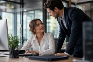 Modern Korean drama office romance scene with two professionals meeting unexpectedly
