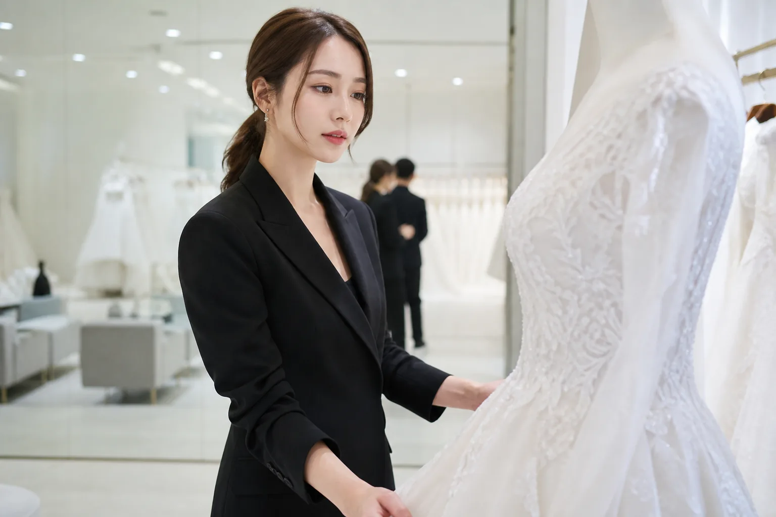 Wedding dress designer reviewing a gown in a bright boutique