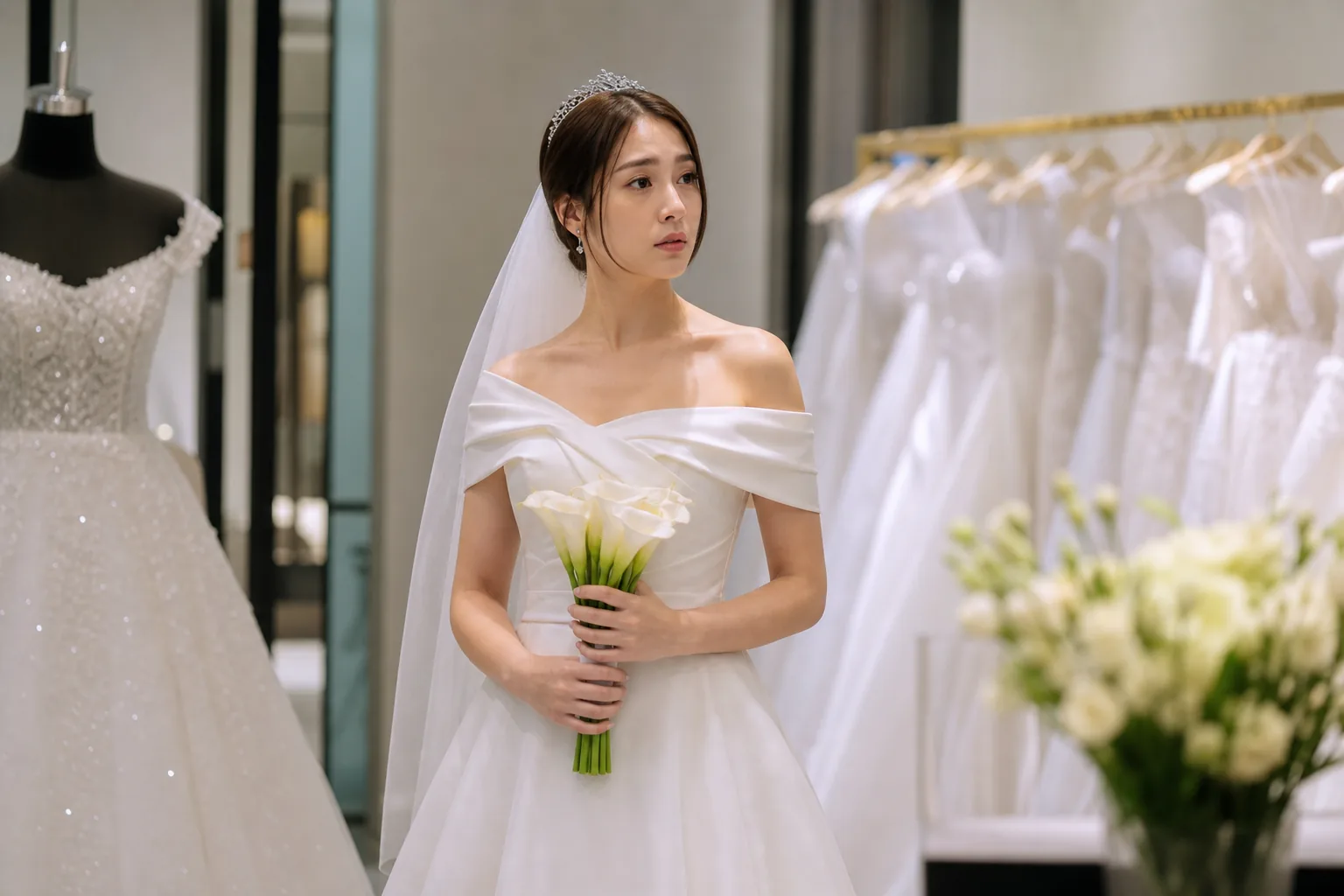 Two Korean drama leads discussing plans in a wedding boutique