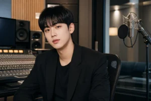 Editorial image of a Korean performer working in a modern recording studio