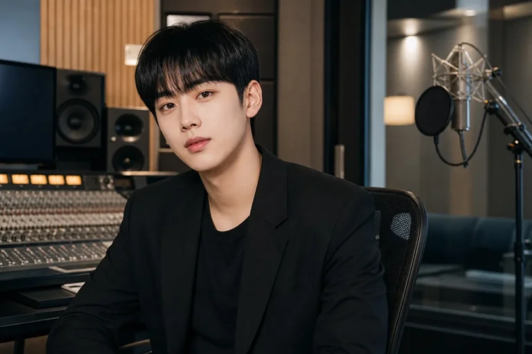Editorial image of a Korean performer working in a modern recording studio