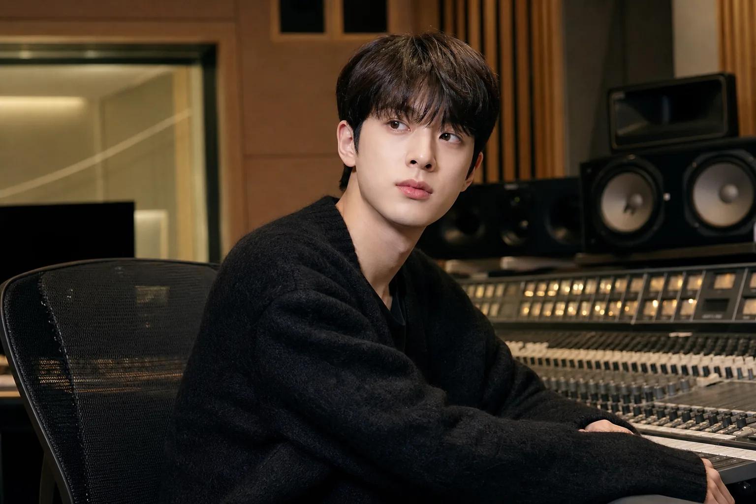 Korean performer reviewing a creative career plan in a studio office